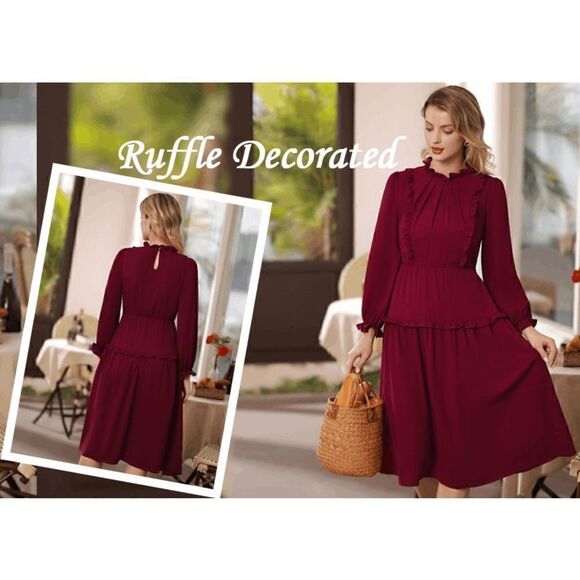 NWT Modest Elegant Long Sleeve Retro Vintage Victorian Ruffle Red Midi Dress XXL - Picture 6 of 16